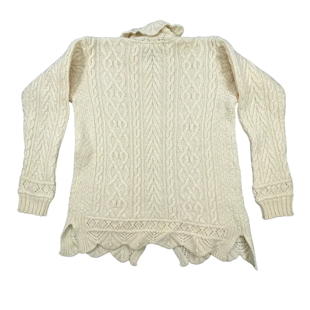 Inis Crafts Cream Merino Wool Cable Knit Full Zip Cardigan Sweater Women Medium
